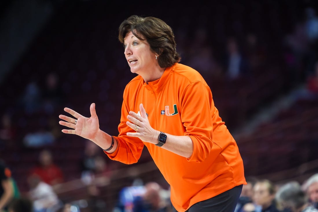 Mar 18, 2022; Columbia, South Carolina, USA; Miami Hurricanes head coach Katie Meier directs her team against the South Florida Bulls in the second half at Colonial Life Arena. Mandatory Credit: Jeff Blake-USA TODAY Sports