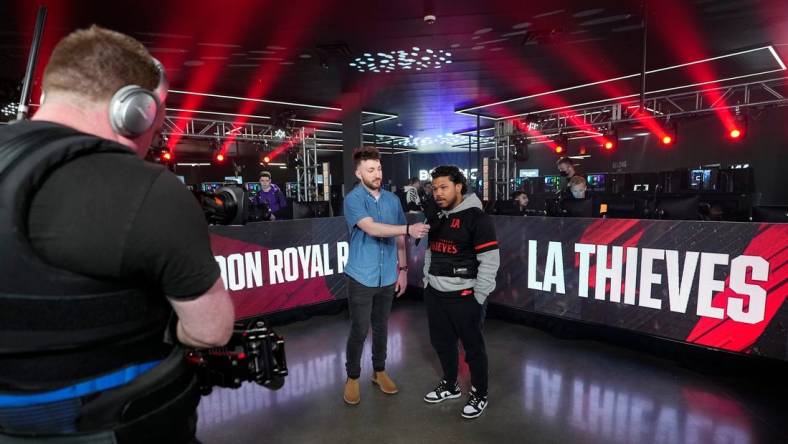 As part of the livestream, stage host Josiah Berry interviews Kenneth "Kenny" Williams following their team win over the London Royal Ravens during the Call of Duty League Pro-Am Classic esports tournament at Belong Gaming Arena in Columbus on May 6, 2022.

Call Of Duty Esports Tournament