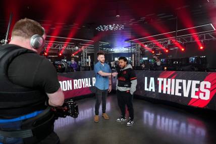 As part of the livestream, stage host Josiah Berry interviews Kenneth "Kenny" Williams following their team win over the London Royal Ravens during the Call of Duty League Pro-Am Classic esports tournament at Belong Gaming Arena in Columbus on May 6, 2022.

Call Of Duty Esports Tournament