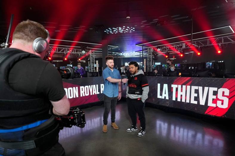 As part of the livestream, stage host Josiah Berry interviews Kenneth "Kenny" Williams following their team win over the London Royal Ravens during the Call of Duty League Pro-Am Classic esports tournament at Belong Gaming Arena in Columbus on May 6, 2022.

Call Of Duty Esports Tournament