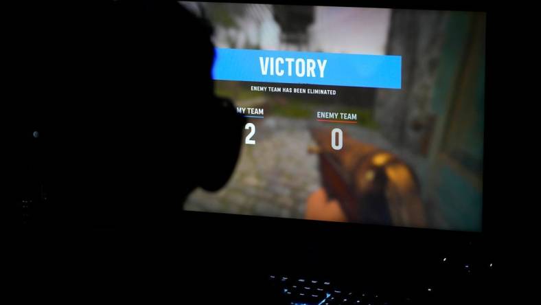 A victory screen flashes during the Call of Duty League Pro-Am Classic esports tournament at Belong Gaming Arena in Columbus on May 6, 2022.

Call Of Duty Esports Tournament