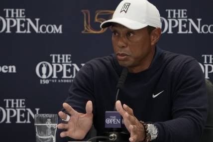 Jul 12, 2022; St. Andrews, Fife, SCT; Tiger Woods talks with the media during a press conference prior to the 150th Open Championship golf tournament at St. Andrews Old Course. Mandatory Credit: Michael Madrid-USA TODAY Sports