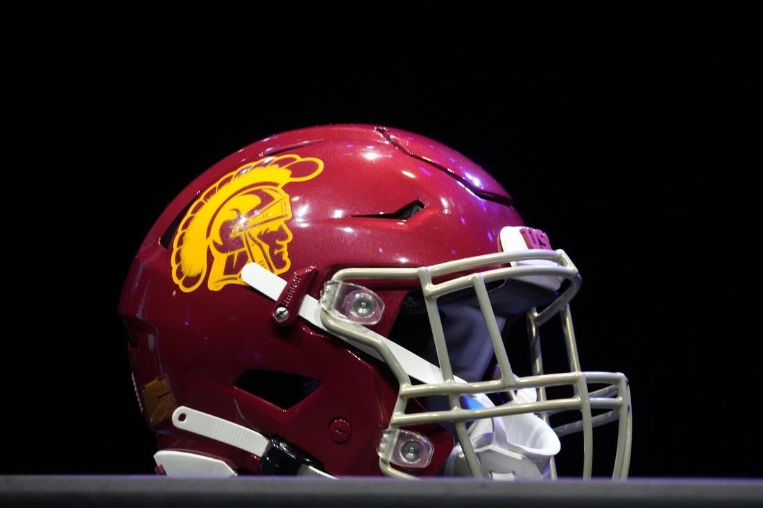 Jul 29, 2022; Los Angeles, CA, USA; A detailed view of Southern California Trojans helmet during Pac-12 Media Day at Novo Theater. Mandatory Credit: Kirby Lee-USA TODAY Sports