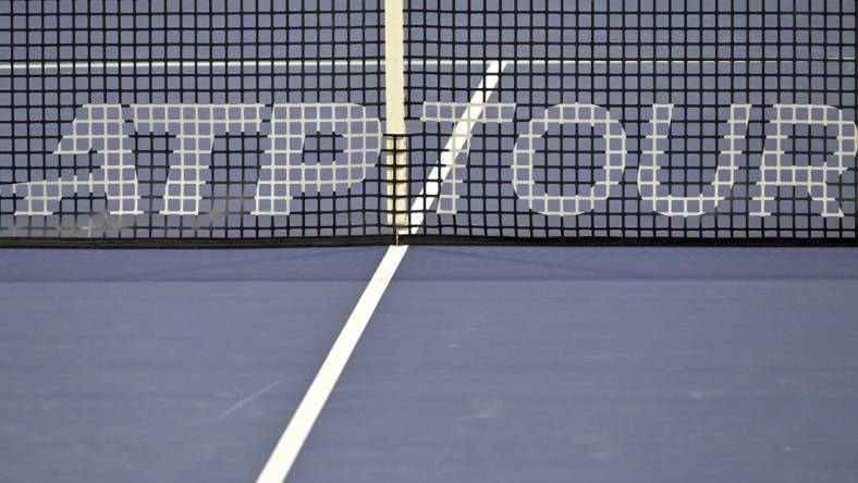 Aug 9, 2022; Montreal, QC, Canada; General view of the net and ATP Tour logo in first round play in the National Bank Open at IGA Stadium. Mandatory Credit: Eric Bolte-USA TODAY Sports