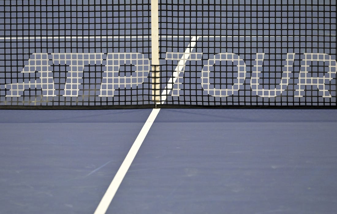 Aug 9, 2022; Montreal, QC, Canada; General view of the net and ATP Tour logo in first round play in the National Bank Open at IGA Stadium. Mandatory Credit: Eric Bolte-USA TODAY Sports