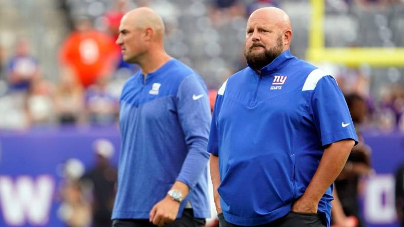 New York Giants head coach Brian Daboll and offensive coordinator Mike Kafka, left, on the field for warmups before a preseason game at MetLife Stadium on August 21, 2022, in East Rutherford.

Nfl Ny Giants Preseason Game Vs Bengals Bengals At Giants