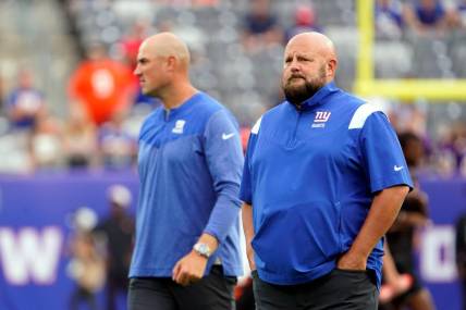 New York Giants head coach Brian Daboll and offensive coordinator Mike Kafka, left, on the field for warmups before a preseason game at MetLife Stadium on August 21, 2022, in East Rutherford.

Nfl Ny Giants Preseason Game Vs Bengals Bengals At Giants