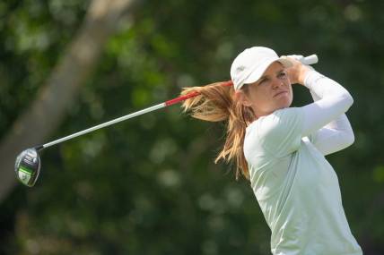 Aug 25, 2022; Ottawa, Ontario, CAN; Sarah Schmelzel from the United States tees off during the first round of the CP Women's Open golf tournament. Mandatory Credit: Marc DesRosiers-USA TODAY Sports