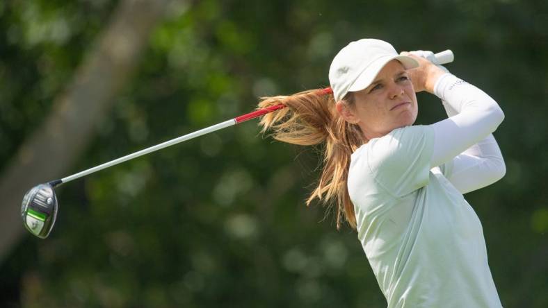 Aug 25, 2022; Ottawa, Ontario, CAN; Sarah Schmelzel from the United States tees off during the first round of the CP Women's Open golf tournament. Mandatory Credit: Marc DesRosiers-USA TODAY Sports