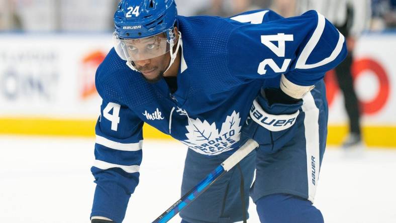 Sep 24, 2022; Toronto, Ontario, CAN; Toronto Maple Leafs right wing Wayne Simmonds (24) waits for a faceoff against the Ottawa Senators during the third period at Scotiabank Arena. Mandatory Credit: Nick Turchiaro-USA TODAY Sports