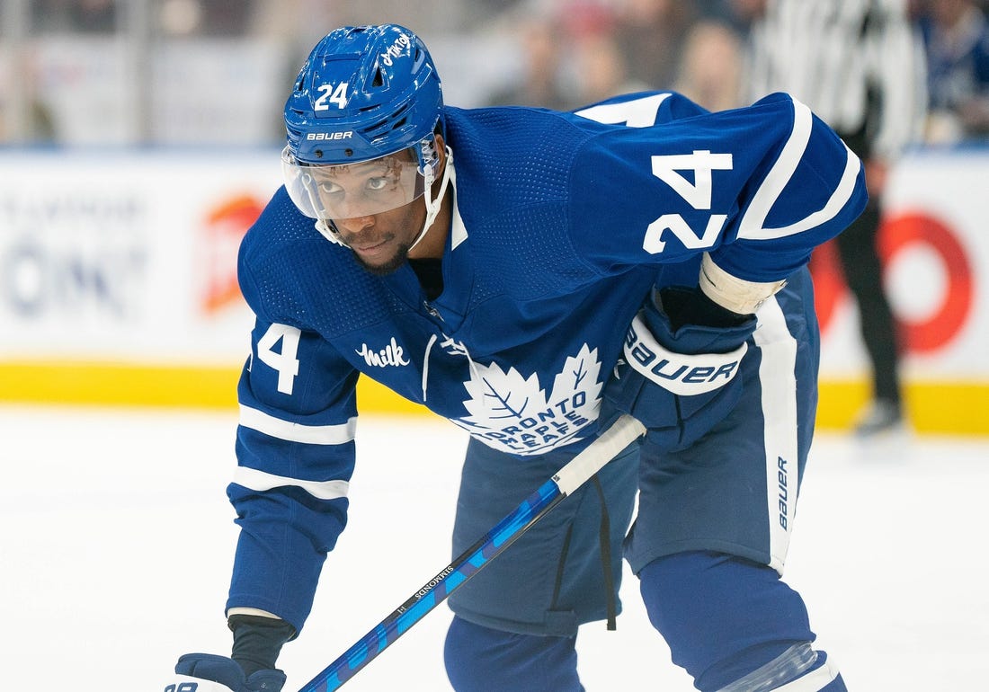 Sep 24, 2022; Toronto, Ontario, CAN; Toronto Maple Leafs right wing Wayne Simmonds (24) waits for a faceoff against the Ottawa Senators during the third period at Scotiabank Arena. Mandatory Credit: Nick Turchiaro-USA TODAY Sports