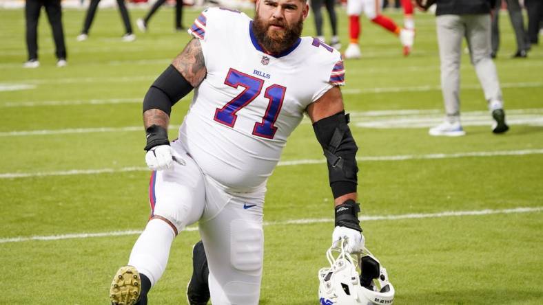 Oct 16, 2022; Kansas City, Missouri, USA; Buffalo Bills offensive tackle Ryan Bates (71) warms up against the Kansas City Chiefs prior to the game at GEHA Field at Arrowhead Stadium. Mandatory Credit: Denny Medley-USA TODAY Sports