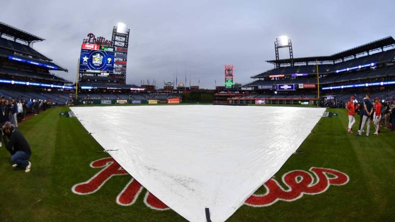 Oct 31, 2022; Philadelphia, PA, USA; The rain tarp is on the field at Citizens Bank Park. Mandatory Credit: Eric Hartline-USA TODAY Sports