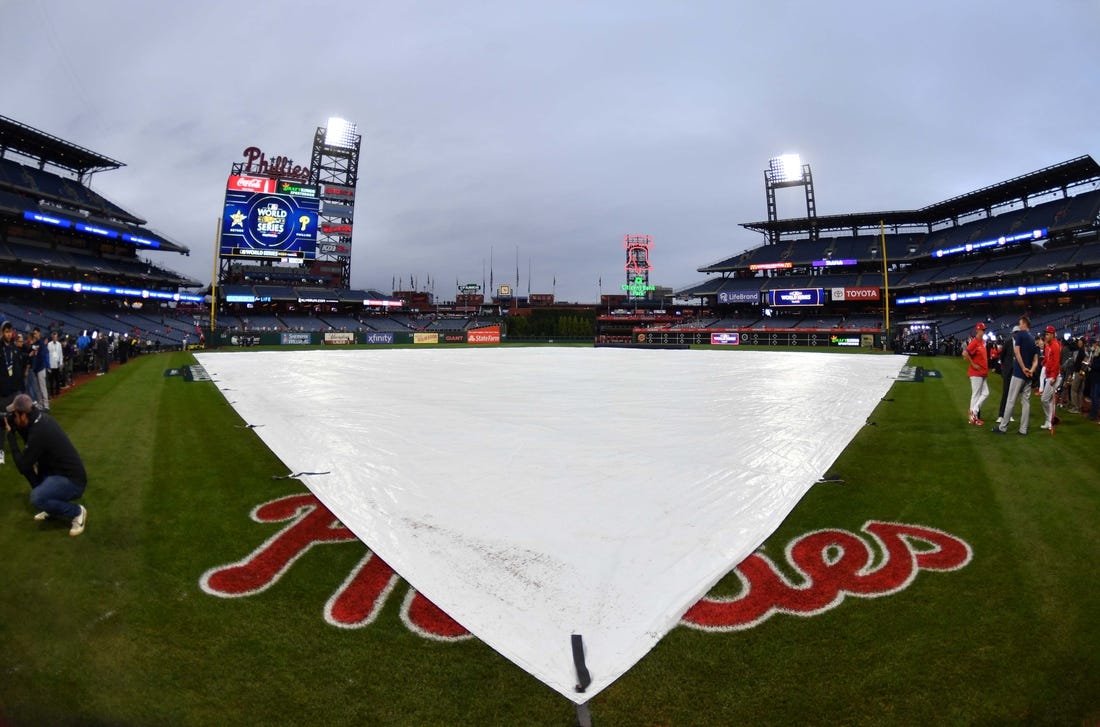 Oct 31, 2022; Philadelphia, PA, USA; The rain tarp is on the field at Citizens Bank Park. Mandatory Credit: Eric Hartline-USA TODAY Sports
