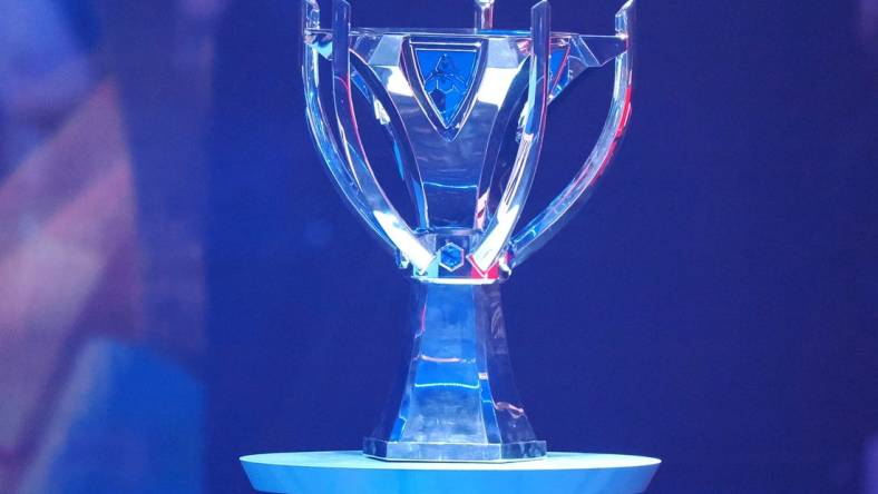 Nov 5, 2022; San Francisco, California, USA; The League of Legends World Championships trophy at Chase Center. Mandatory Credit: Kelley L Cox-USA TODAY Sports