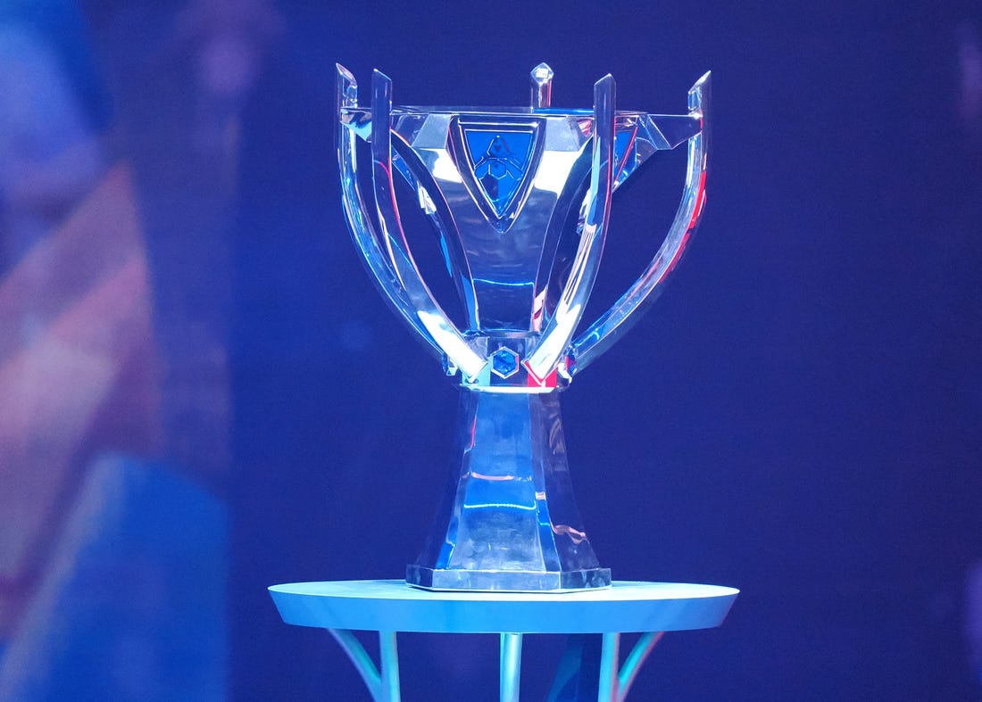 Nov 5, 2022; San Francisco, California, USA; The League of Legends World Championships trophy at Chase Center. Mandatory Credit: Kelley L Cox-USA TODAY Sports