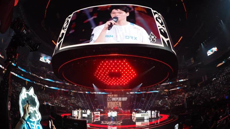 Nov 5, 2022; San Francisco, California, USA; DRX top laner Hwang "Kingen" Seong-hoon receives the MVP award after the in abasing T1 in the League of Legends World Championships at Chase Center. Mandatory Credit: Kelley L Cox-USA TODAY Sports