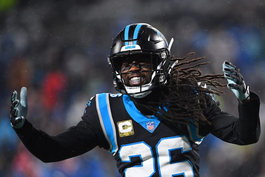 Nov 10, 2022; Charlotte, North Carolina, USA;  Carolina Panthers cornerback Donte Jackson (26) reacts in the fourth quarter at Bank of America Stadium. Mandatory Credit: Bob Donnan-USA TODAY Sports