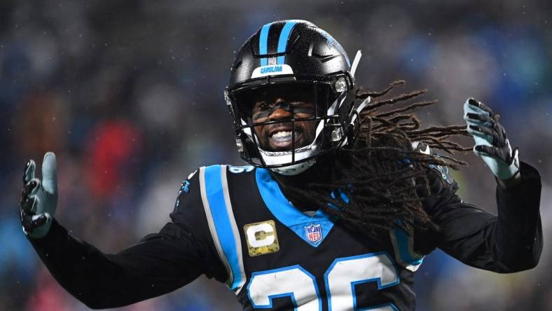 Nov 10, 2022; Charlotte, North Carolina, USA;  Carolina Panthers cornerback Donte Jackson (26) reacts in the fourth quarter at Bank of America Stadium. Mandatory Credit: Bob Donnan-USA TODAY Sports