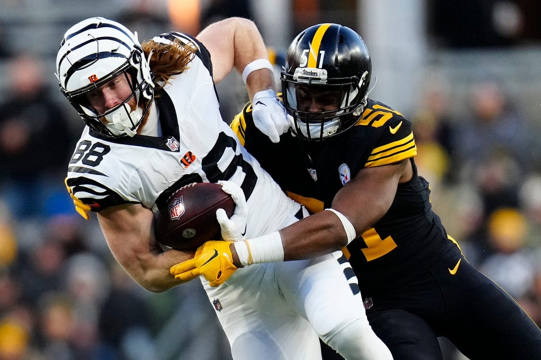 Cincinnati Bengals tight end Hayden Hurst (88) is brought down by Pittsburgh Steelers linebacker Myles Jack (51) on a reception in the first quarter of of the NFL Week 11 game between the Pittsburgh Steelers and the Cincinnati Bengals at Acrisure Stadium in Pittsburgh on Sunday, Nov. 20, 2022. The Steelers led 20-17 at halftime.

Cincinnati Bengals At Pittsburgh Steelers Week 11