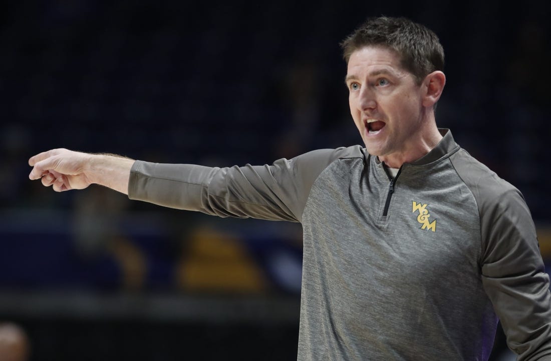 Nov 25, 2022; Pittsburgh, Pennsylvania, USA; William & Mary Tribe head coach Dane Fischer reacts on the sideline against the Pittsburgh Panthers during the second half at Petersen Events Center. Mandatory Credit: Charles LeClaire-USA TODAY Sports