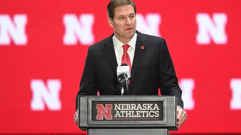 Nov 28, 2022; Omaha, Nebraska, US;  Nebraska Cornhuskers athletic director Trev Alberts speaks at the introductory press conference at the Hawks Championship Center on the University of Nebraska-Lincoln campus. Mandatory Credit: Steven Branscombe-USA TODAY Sports