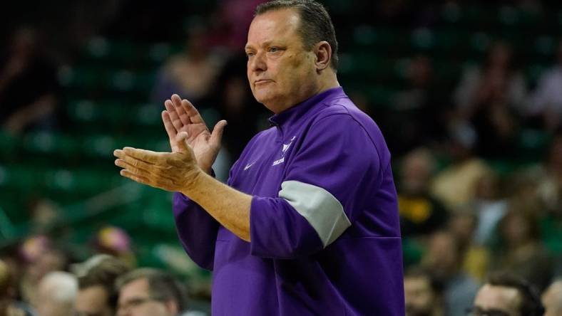 Dec 6, 2022; Waco, Texas, USA;  Tarleton Texans head coach Billy Gillispie reacts to a call against the Baylor Bears during the first half at Ferrell Center. Mandatory Credit: Chris Jones-USA TODAY Sports