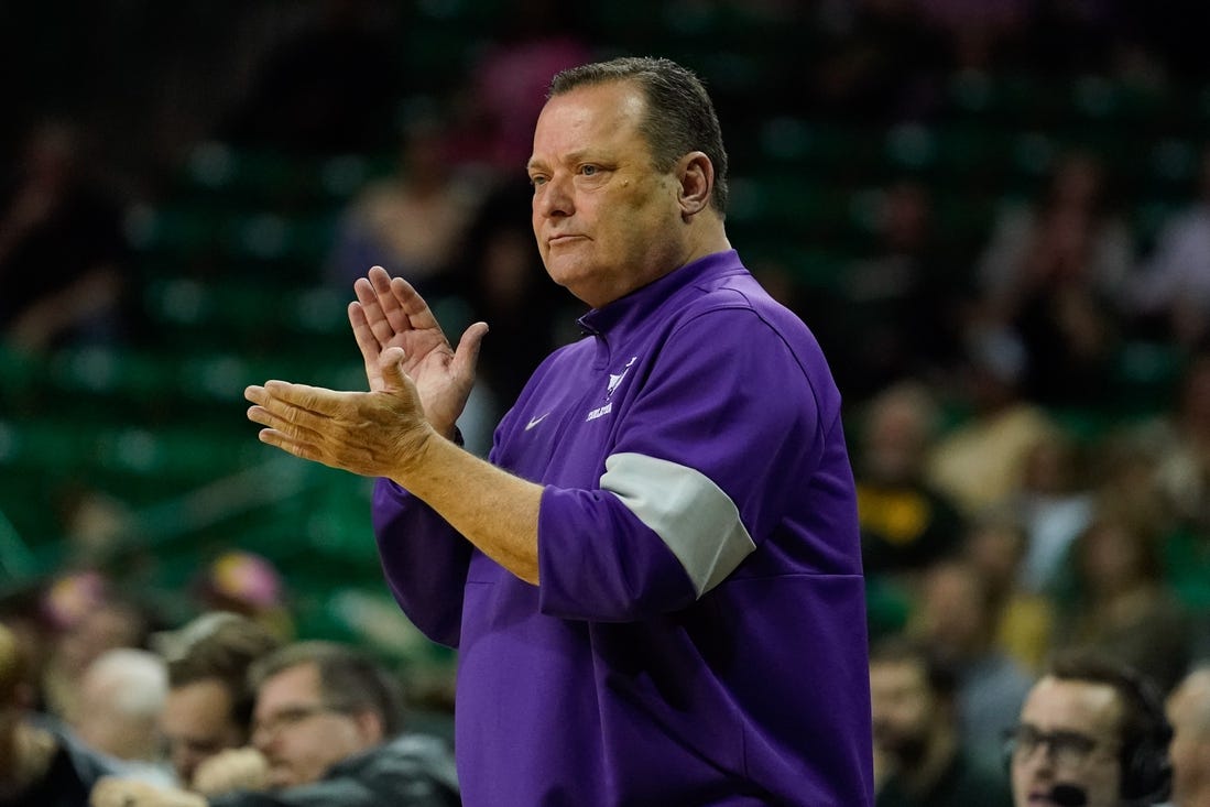 Dec 6, 2022; Waco, Texas, USA;  Tarleton Texans head coach Billy Gillispie reacts to a call against the Baylor Bears during the first half at Ferrell Center. Mandatory Credit: Chris Jones-USA TODAY Sports