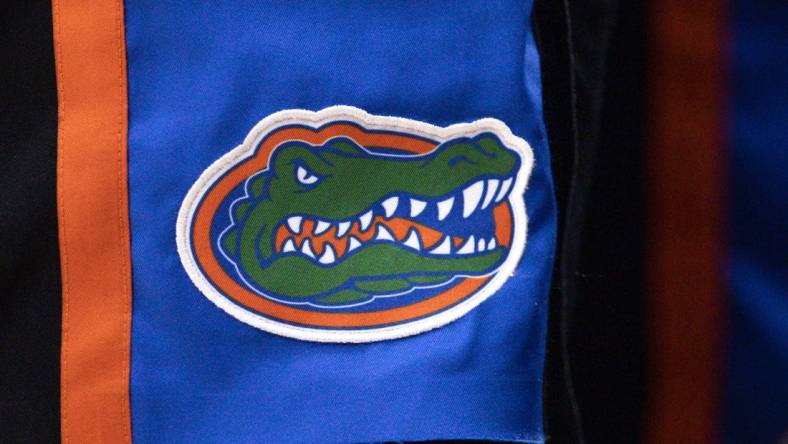 Jan 10, 2023; Baton Rouge, Louisiana, USA;  Detailed view of the Florida Gators logo against the LSU Tigers during the second half at Pete Maravich Assembly Center. Mandatory Credit: Stephen Lew-USA TODAY Sports