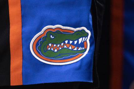 Jan 10, 2023; Baton Rouge, Louisiana, USA;  Detailed view of the Florida Gators logo against the LSU Tigers during the second half at Pete Maravich Assembly Center. Mandatory Credit: Stephen Lew-USA TODAY Sports