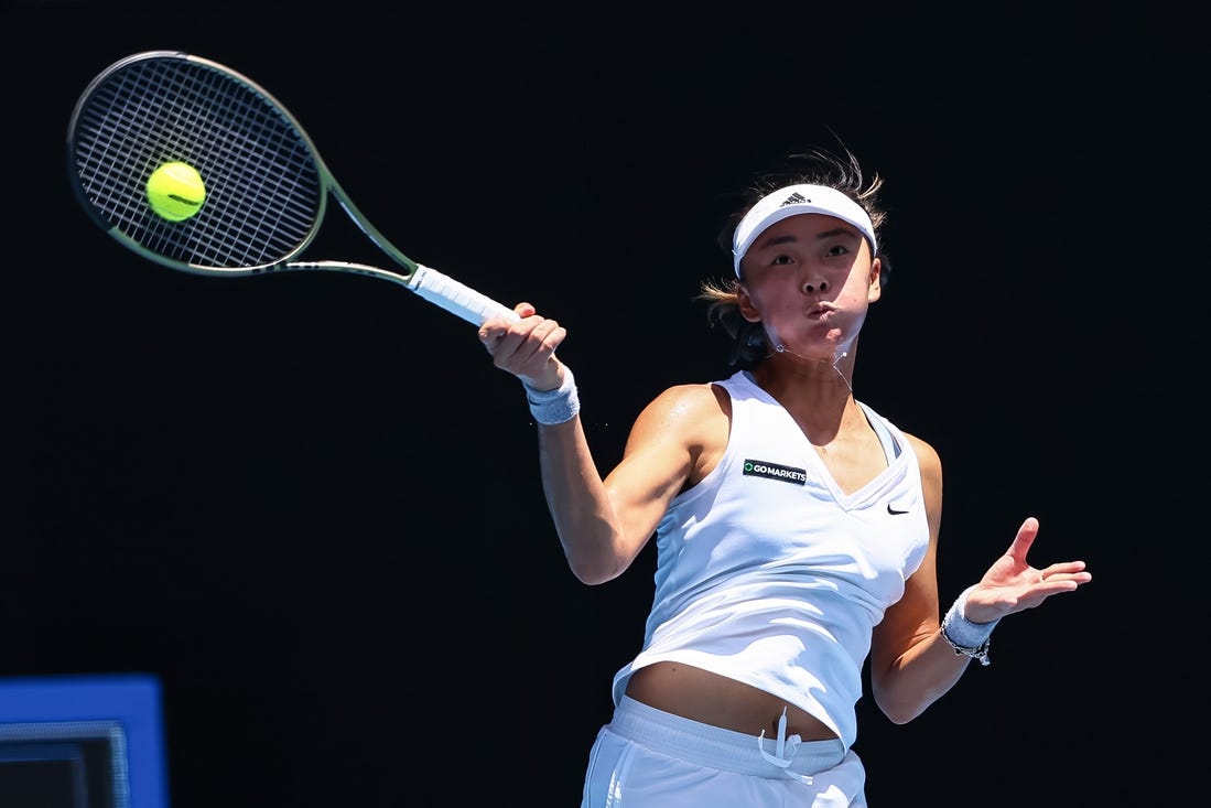 Jan 16, 2023; Melbourne, VICTORIA, Australia; Yue Yuan (China) returns the ball against Maria Sakkari (Greece) (not pictured) at Melbourne Park. Mandatory Credit: Mike Frey-USA TODAY Sports