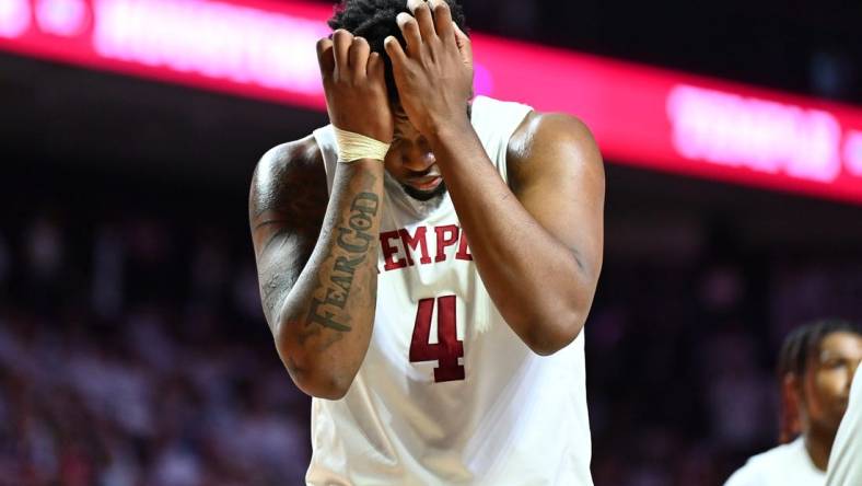 Feb 5, 2023; Philadelphia, Pennsylvania, USA; Temple Owls forward Jamille Reynolds (4) reacts against the Houston Cougars in the second half at The Liacouras Center. Mandatory Credit: Kyle Ross-USA TODAY Sports