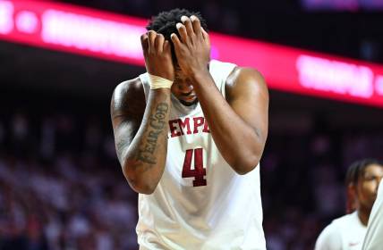 Feb 5, 2023; Philadelphia, Pennsylvania, USA; Temple Owls forward Jamille Reynolds (4) reacts against the Houston Cougars in the second half at The Liacouras Center. Mandatory Credit: Kyle Ross-USA TODAY Sports