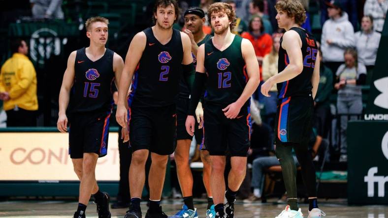 Boise State Broncos guard Jace Whiting (15), forward Tyson Degenhart (2) and guard Max Rice (12) and center Lukas Milner (25) in the second half against the Colorado State Rams at Moby Arena. Mandatory Credit: Isaiah J. Downing-USA TODAY Sports