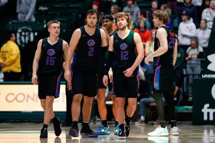 Boise State Broncos guard Jace Whiting (15), forward Tyson Degenhart (2) and guard Max Rice (12) and center Lukas Milner (25) in the second half against the Colorado State Rams at Moby Arena. Mandatory Credit: Isaiah J. Downing-USA TODAY Sports