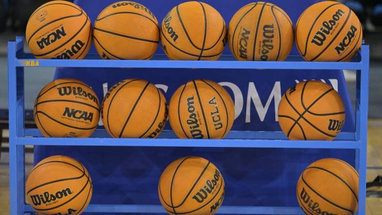 Feb 16, 2023; Los Angeles, California, USA; General view of NCAA Pac 12 basketballs on the court at Pauley Pavilion presented by Wescom. Mandatory Credit: Jayne Kamin-Oncea-USA TODAY Sports