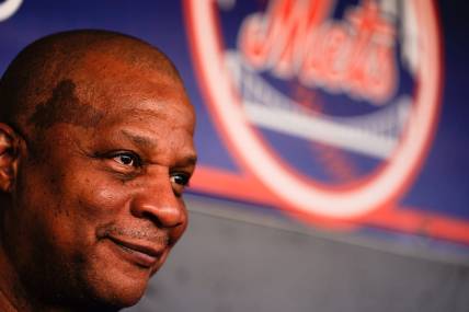 Mar 3, 2023; Port St. Lucie, Florida, USA; New York Mets former right fielder Darryl Strawberry talks to the media prior to a game between the New York Mets and the Washington Nationals at Clover Park. Mandatory Credit: Rich Storry-USA TODAY Sports