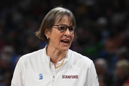 Mar 3, 2023; Las Vegas, NV, USA; Stanford Cardinal head coach Tara VanDerveer in the third quarter against the UCLA Bruins at Michelob Arena. Mandatory Credit: Candice Ward-USA TODAY Sports