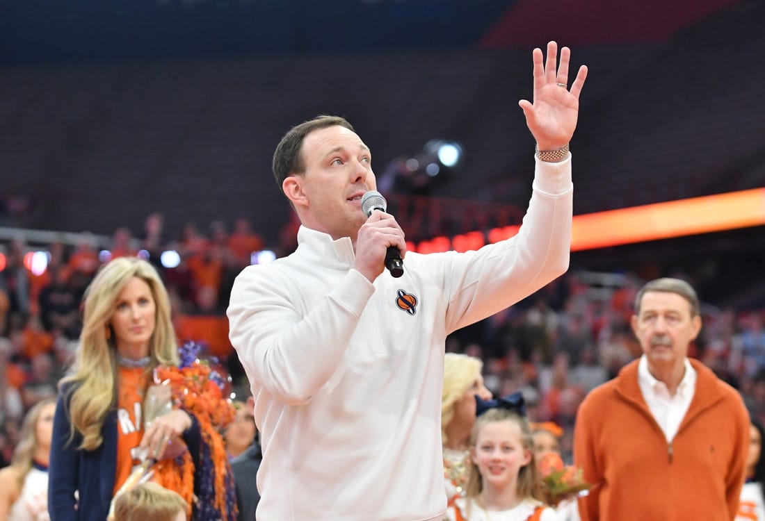 Mar 4, 2023; Syracuse, New York, USA; Syracuse Orange  former player Gerry McNamara speaks to the crowd during a ceremony to retire his number at JMA Wireless Dome. Mandatory Credit: Mark Konezny-USA TODAY Sports