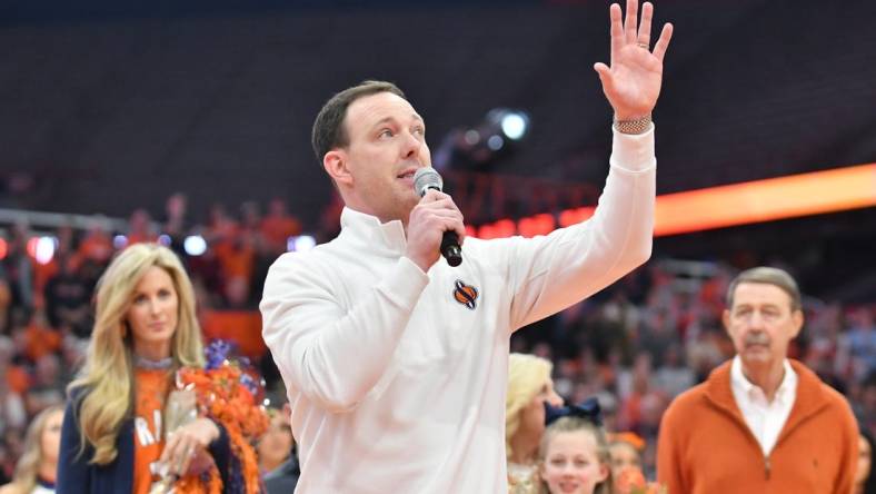 Mar 4, 2023; Syracuse, New York, USA; Syracuse Orange  former player Gerry McNamara speaks to the crowd during a ceremony to retire his number at JMA Wireless Dome. Mandatory Credit: Mark Konezny-USA TODAY Sports