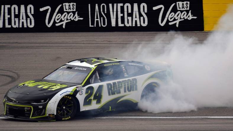 Mar 5, 2023; Las Vegas, Nevada, USA; NASCAR Cup Series driver William Byron (24) celebrates his victory of the Pennzoil 400 at Las Vegas Motor Speedway. Mandatory Credit: Gary A. Vasquez-USA TODAY Sports