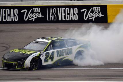 Mar 5, 2023; Las Vegas, Nevada, USA; NASCAR Cup Series driver William Byron (24) celebrates his victory of the Pennzoil 400 at Las Vegas Motor Speedway. Mandatory Credit: Gary A. Vasquez-USA TODAY Sports