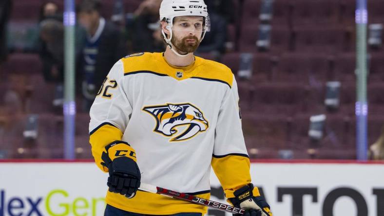 Mar 6, 2023; Vancouver, British Columbia, CAN; Nashville Predators forward Tommy Novak (82) skates during warm up prior to a game against the Vancouver Canucks at Rogers Arena. . Mandatory Credit: Bob Frid-USA TODAY Sports