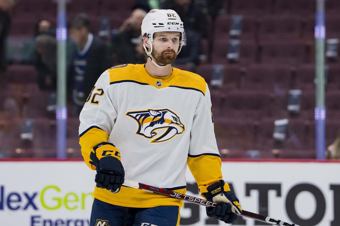 Mar 6, 2023; Vancouver, British Columbia, CAN; Nashville Predators forward Tommy Novak (82) skates during warm up prior to a game against the Vancouver Canucks at Rogers Arena. . Mandatory Credit: Bob Frid-USA TODAY Sports