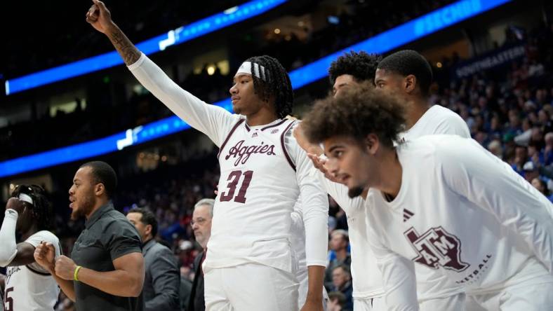 Texas A&M forward Javonte Brown (31) reacts on the bench after a teammate was fouled by an Arkansas player during the second half of a quarterfinal SEC Men   s Basketball Tournament game at Bridgestone Arena Friday, March 10, 2023, in Nashville, Tenn.

Sec Basketball Arkansas Vs Texas A M