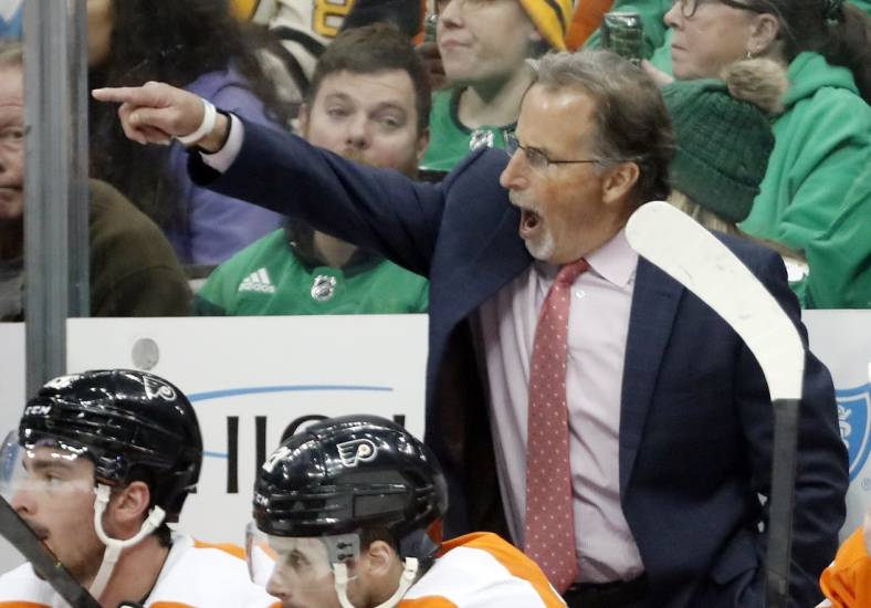 Mar 11, 2023; Pittsburgh, Pennsylvania, USA; Philadelphia Flyers head coach John Tortorella  reacts on the bench against the Pittsburgh Penguins during the third period at PPG Paints Arena.  Pittsburgh won 5-1. Mandatory Credit: Charles LeClaire-USA TODAY Sports