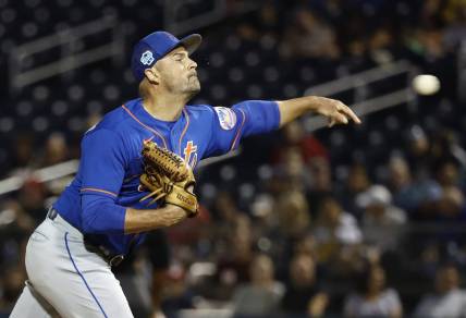Mar 11, 2023; West Palm Beach, Florida, USA; New York Mets starting pitcher T.J. McFarland (44) pitches against the Washington Nationals in the second inning at The Ballpark of the Palm Beaches. Mandatory Credit: Rhona Wise-USA TODAY Sports