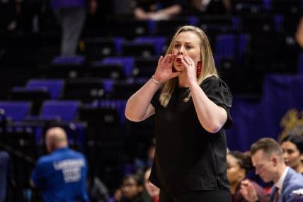 Mar 17, 2023; Baton Rouge, LA, USA;  UNLV Lady Rebels head coach Lindy La Rocque reacts to a play against the Michigan Wolverines during the second half at Pete Maravich Assembly Center. Mandatory Credit: Stephen Lew-USA TODAY Sports
