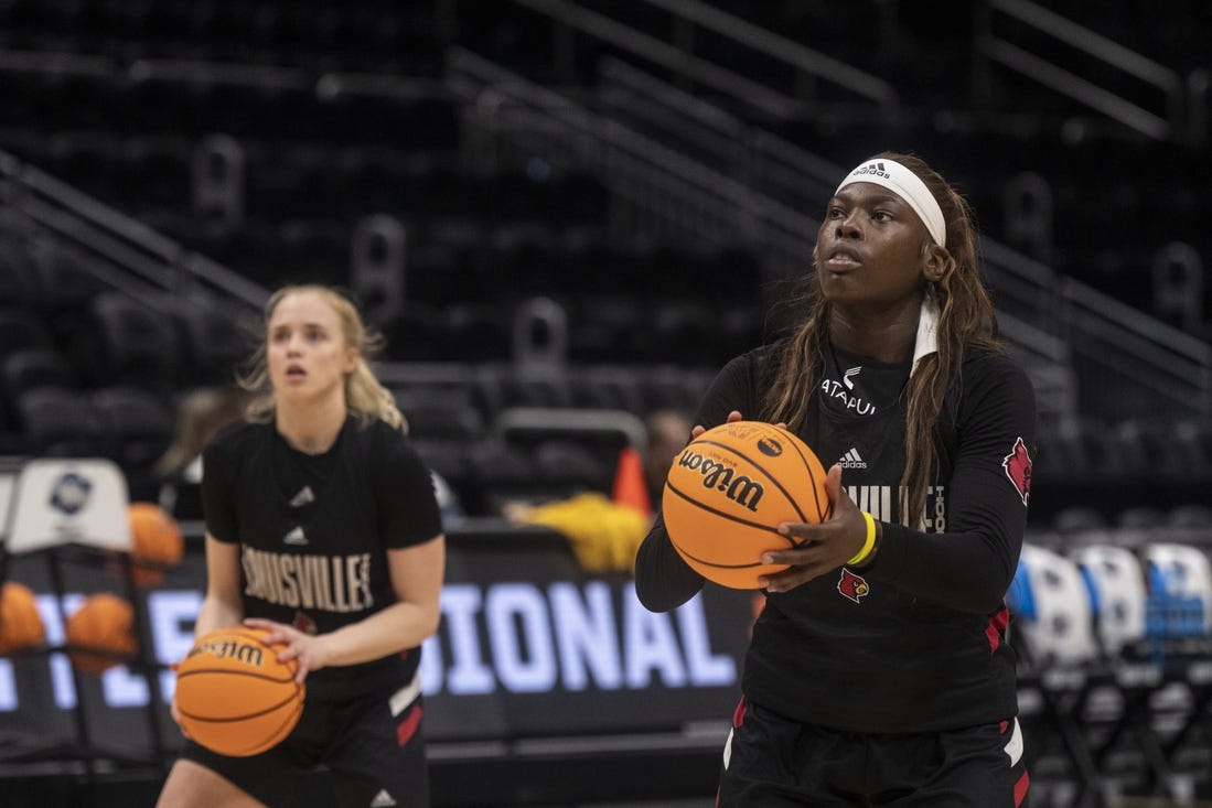 Former teammates with the Louisville Cardinals, forward Olivia Cochran (44) would welcome a date with current LSU guard Hailey Van Lith on Sunday. Mandatory Credit: Stephen Brashear-USA TODAY Sports