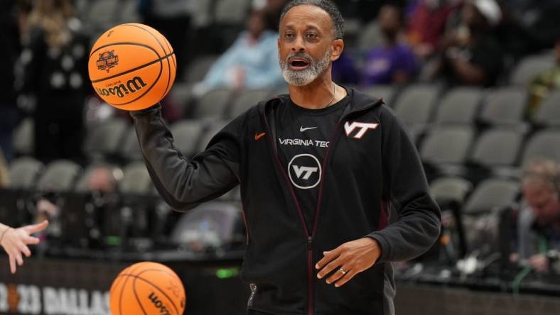 Mar 30, 2023; Dallas, TX, USA; Virginia Tech Hokies coach Kenny Brooks during practice at the American Airlines Center. Mandatory Credit: Kirby Lee-USA TODAY Sports